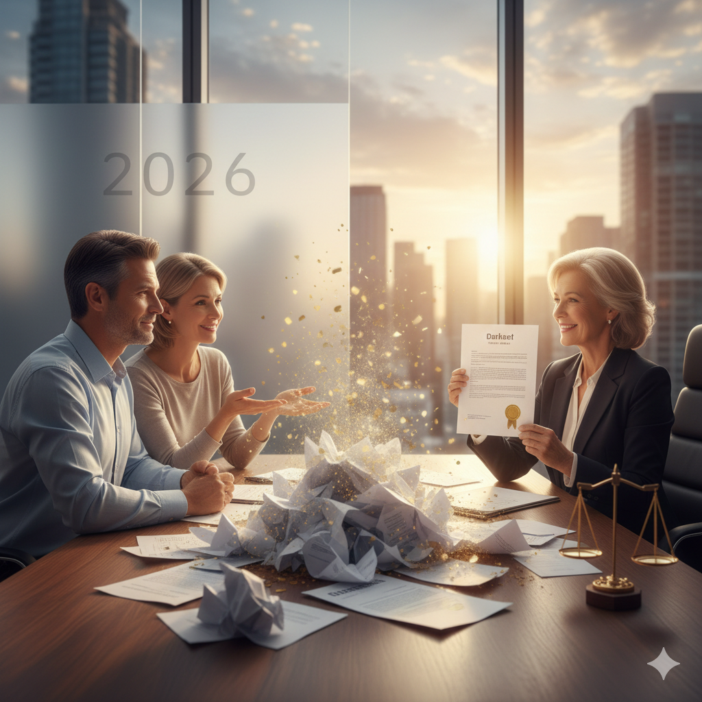 Консультация юриста по банкротству и рефинансированию: люди за столом обсуждают документы на фоне города.